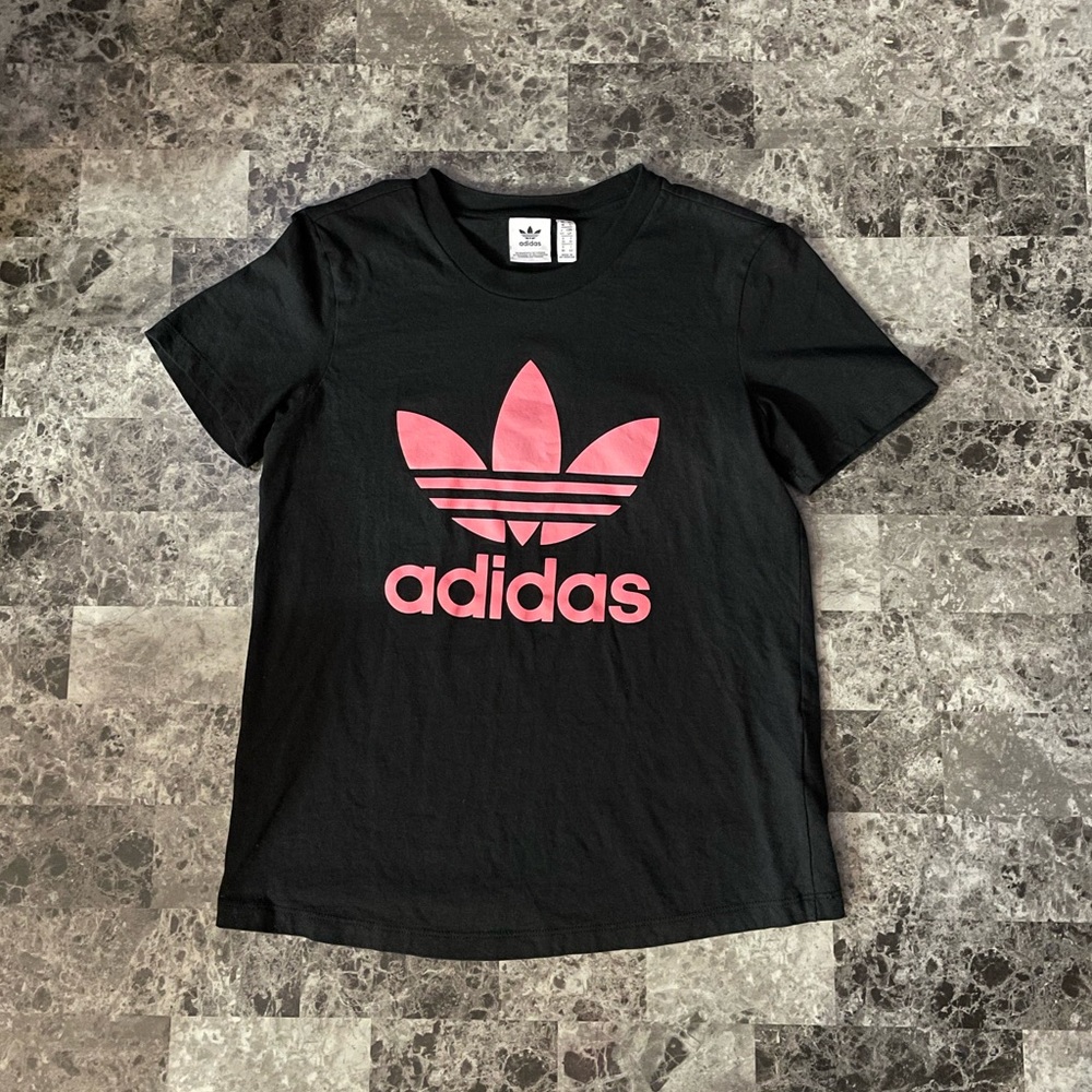 adidas Originals Black Tee with Pink Trefoil Logo